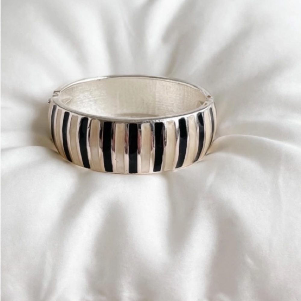 “VTG” Retro Hinged Enamel Cuff  Bracelet- Black & Off White Stripes